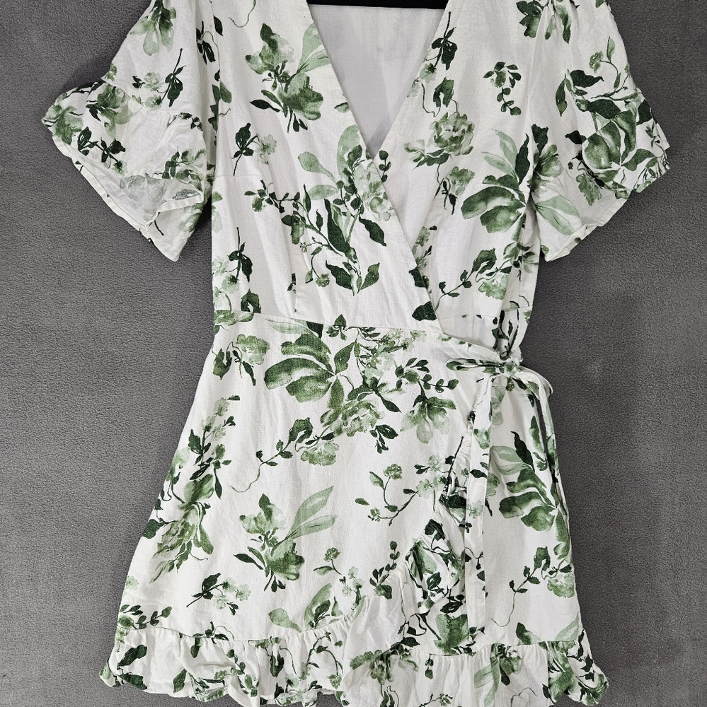 Abercrombie & Fitch White Midi Wrap Dress with Green Floral Print